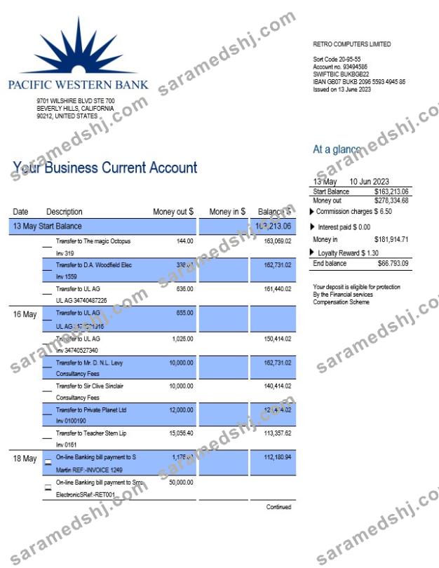 Pacwest Bank corporate checking account statement Word and PDF template